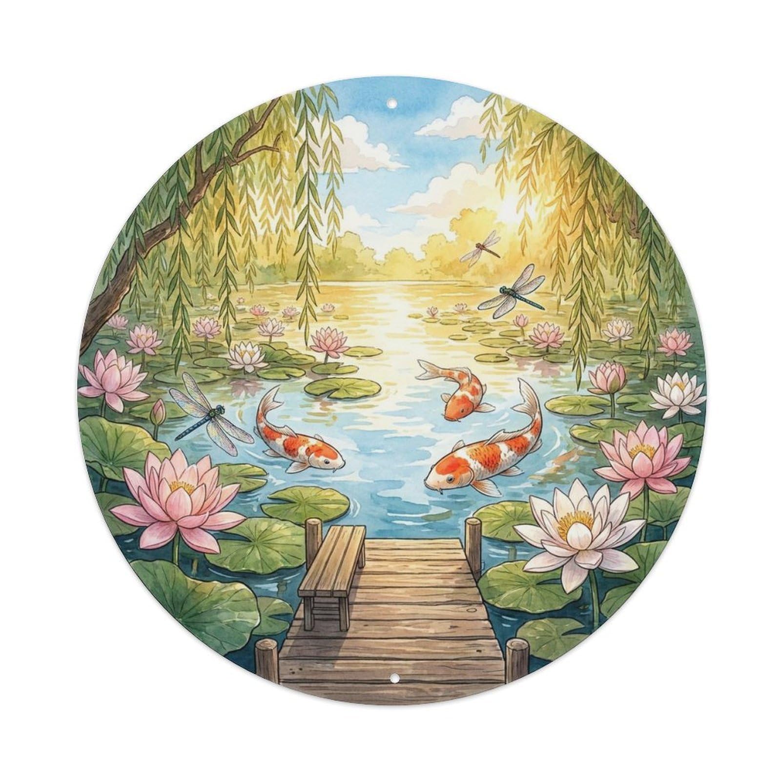Olyhtr 8X8inch Classic Style Water Lily Koi Pond Vintage Landscape Garden Summer Metal Tin Sign