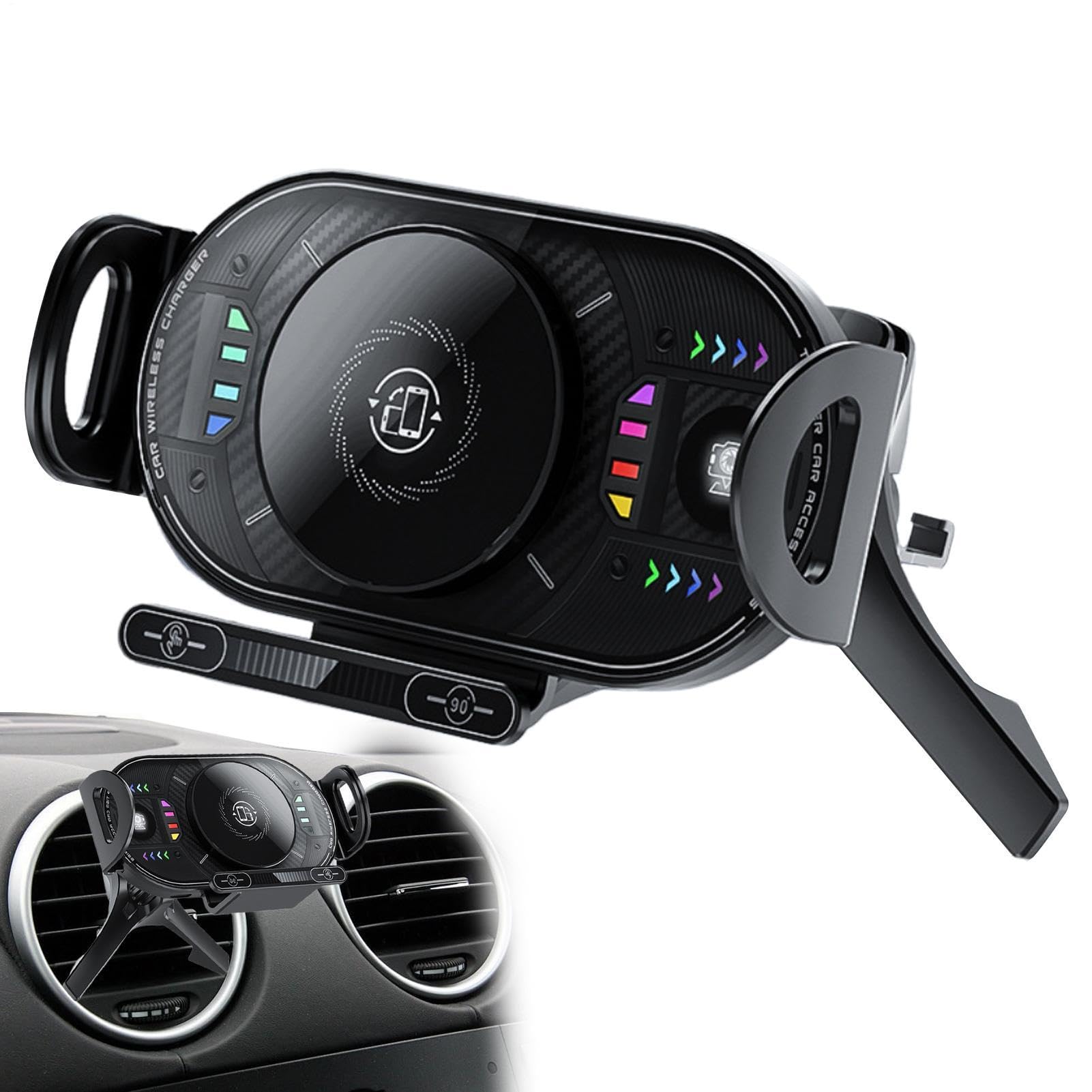 Supporto per caricabatterie wireless per auto, 15 W, tipo C, antiscivolo, girevole | Supporto di ricarica per smartphone in auto, per bocchetta di ventilazione e la maggior parte dei veicoli