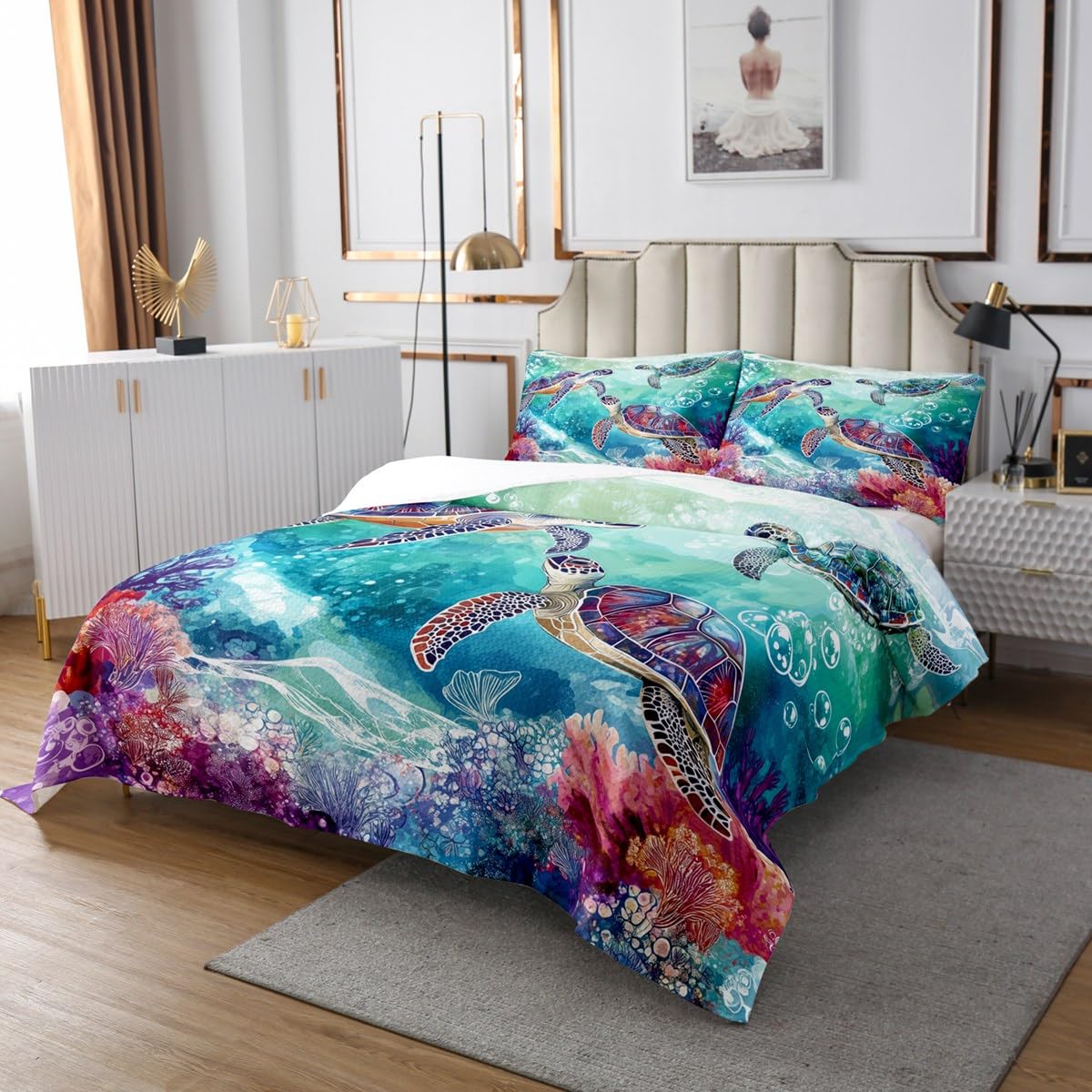 Set copriletto con tartaruga marina, stampa 3D con rettili e animali, per letto matrimoniale, per bambini, ragazzi, ragazze, creature marine, decorazione per la casa, trapuntato, tema mare