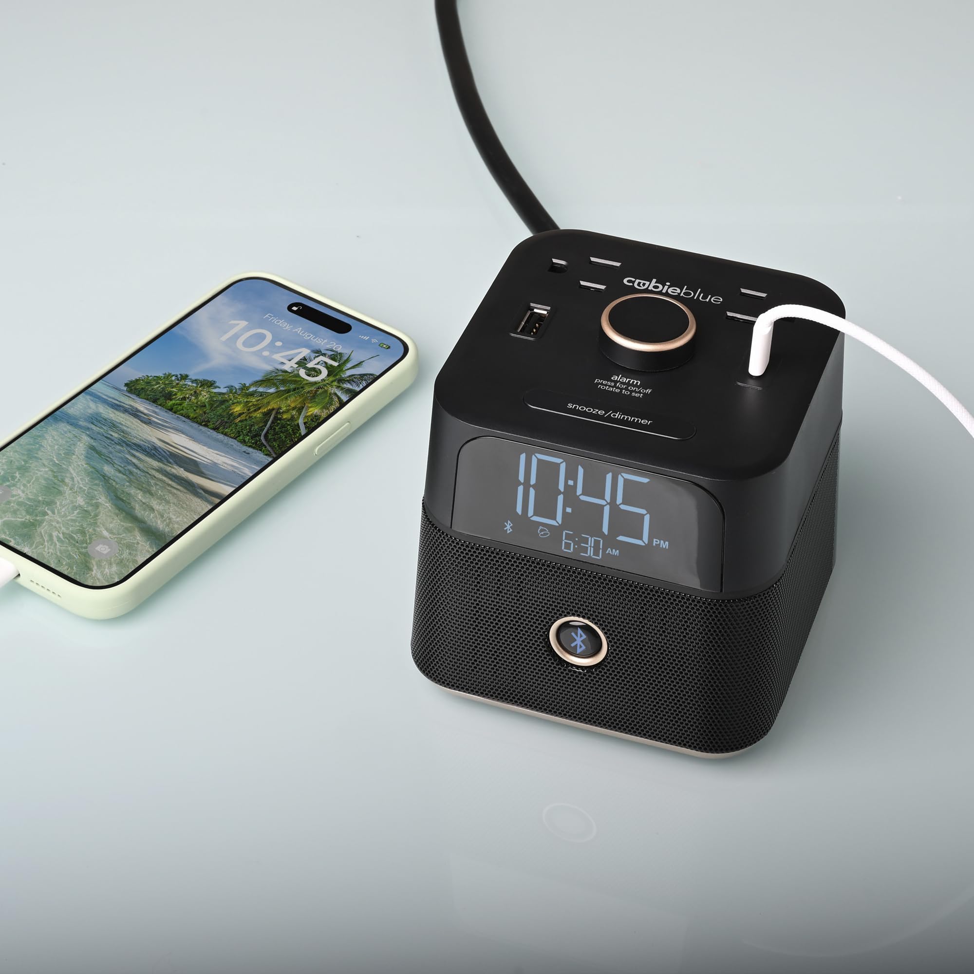 Brandstand CubieBlue Chargeur de montre, facile à utiliser et maniable, 2 ports USB, 2 prises anti-manipulation, haut-parleur Bluetooth