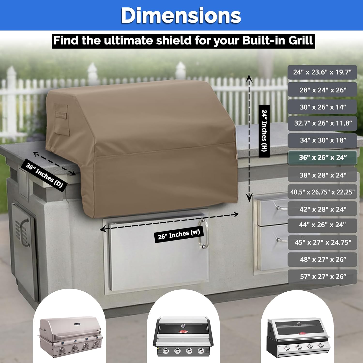 Covers & All Built-in Grill Cover for Outdoor Grill – Heavy Duty 12 oz Waterproof Built-in BBQ Grill Cover, PVC-Coated Polyester with Elastic Hem for Snug Fit (36 x 26 x 24 inches, Beige)