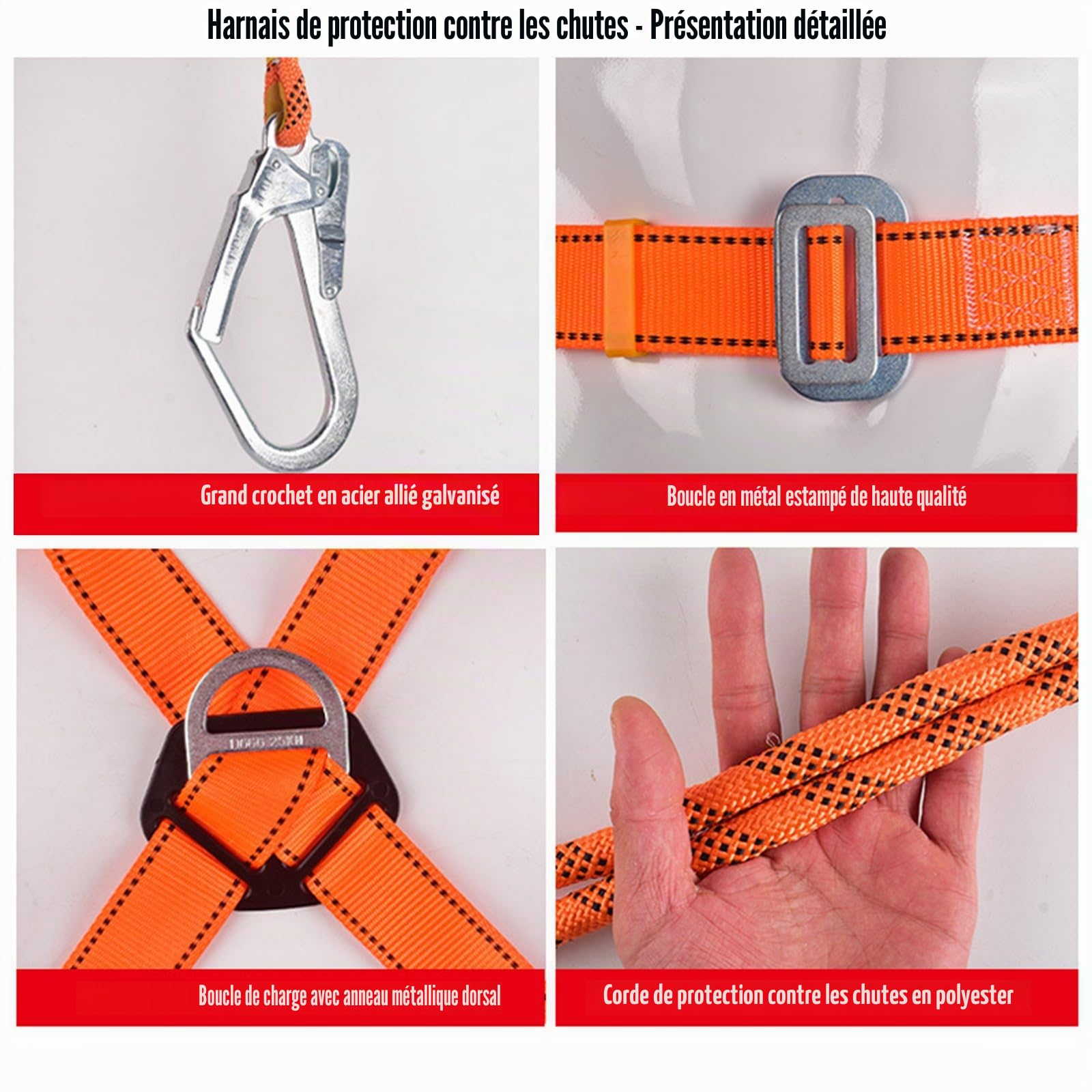 Ensemble de Sécurité Antichute 5 Points: Harnais d'Arrêt de Chute, 2 Crochets, Corde de Sécurité de 2m, avec Dispositif de Capture + Bonus : Gilet Réfléchissant et Sac à Dos