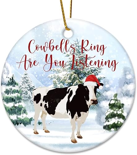 Adorno redondo de cerámica de 3 pulgadas con diseño de campanillas de recuerdo de animales y vacas, colgante de árbol de nieve para adornos de árbol