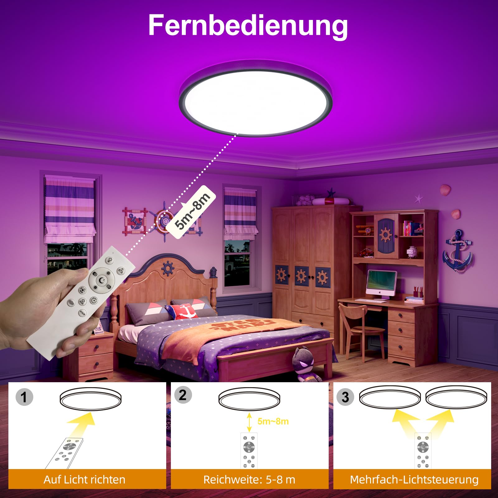 2 Deckenlampe LED Dimmbar, RGB Lampe Decke mit Fernbedienung Bunt Backlight