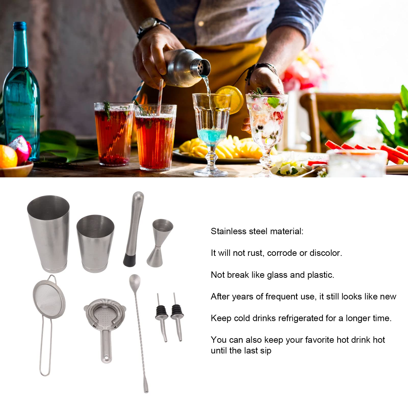 FLEXMAN Juego de Coctelera, Kit de Barman de Preservación de Temperatura de Acero Inoxidable, Juego de Barra, Juego de Mezclador de Bebidas, Coctelera para Bar (C)