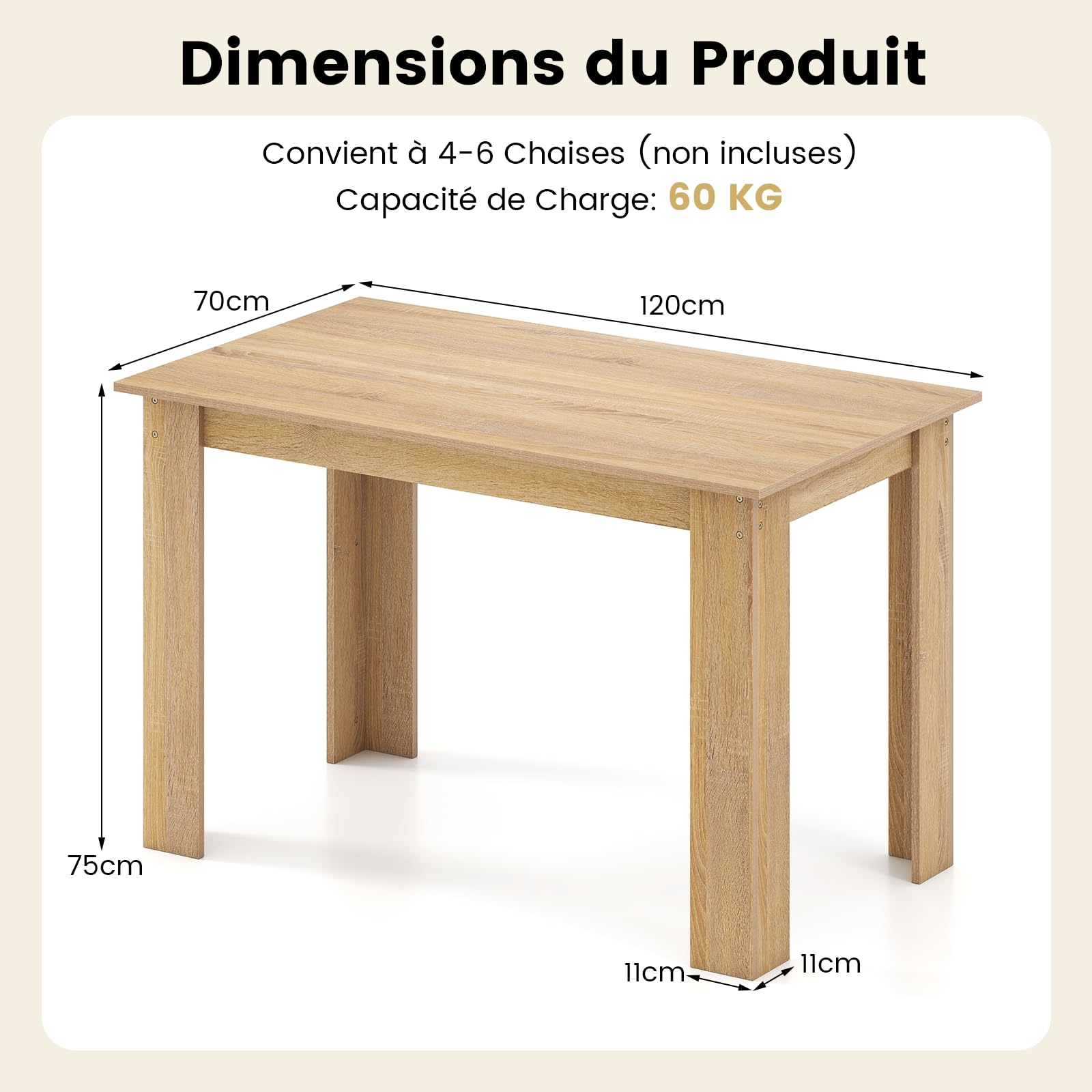 COSTWAY Table Salle à Manger 120 CM pour 4-6 Personnes, Table Cuisine Rectangulaire avec Pieds en Formes de L Robustes, Montage Facile, Charge Max. 60 kg (Naturel)