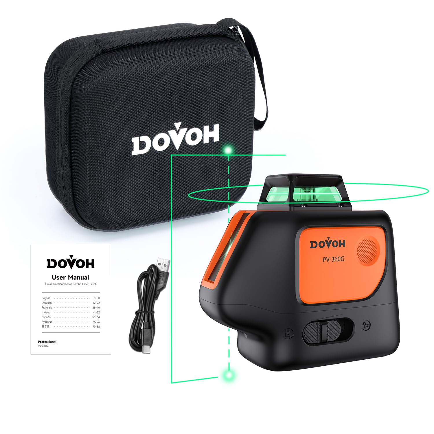 DOVOH Laser Level with Plumb Spot, Rechargeable Laser Level Green, Self-Leveling Cross Line Laser, 120° V+360° H Switchable Leveling, PV-360G