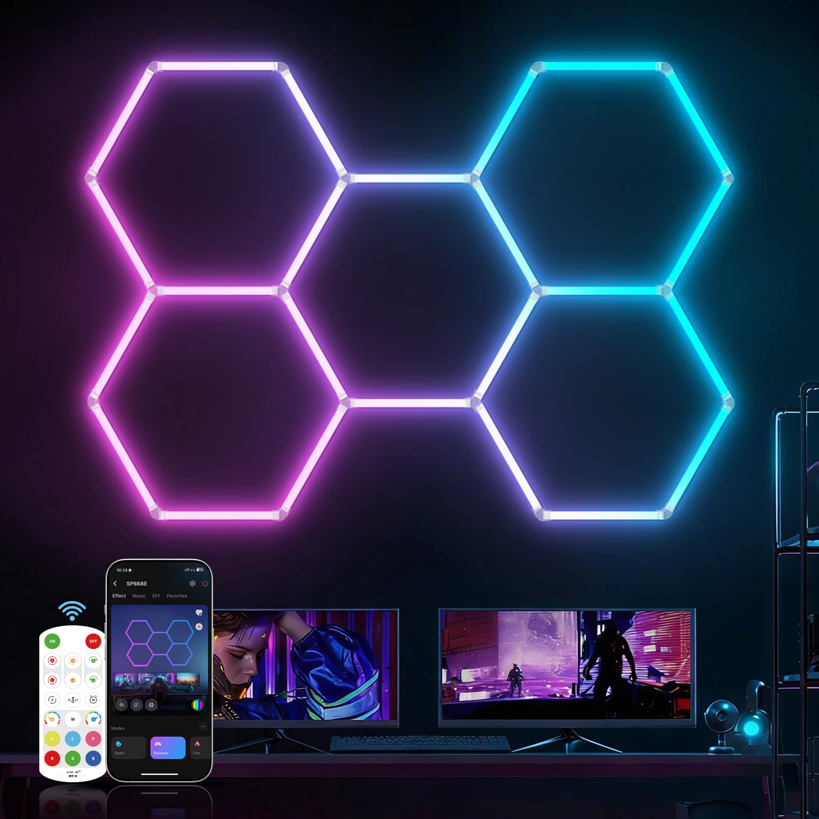 HYPERLITE Hexagon Garage Lights 5 Grid RGB Hexagon LED Lights with Music Sync Mode App Remote Control Multi-Color