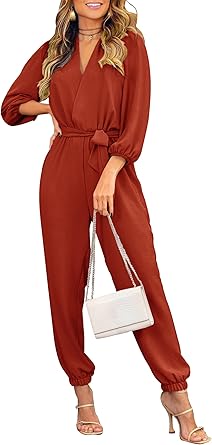 PRETTYGARDEN Women's Fall Jumpsuits Dressy Casual Pants Romper Spring Long Sleeve V Neck Belt Pockets One Piece Outfits