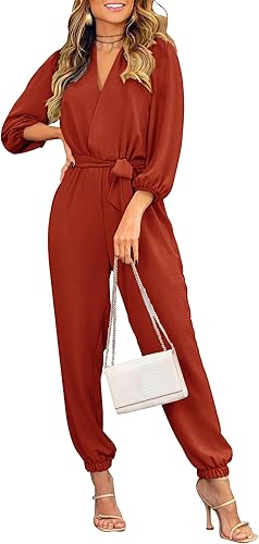 PRETTYGARDEN Women's Fall Jumpsuits Dressy Casual Pants Romper Spring Long Sleeve V Neck Belt Pockets One Piece Outfits