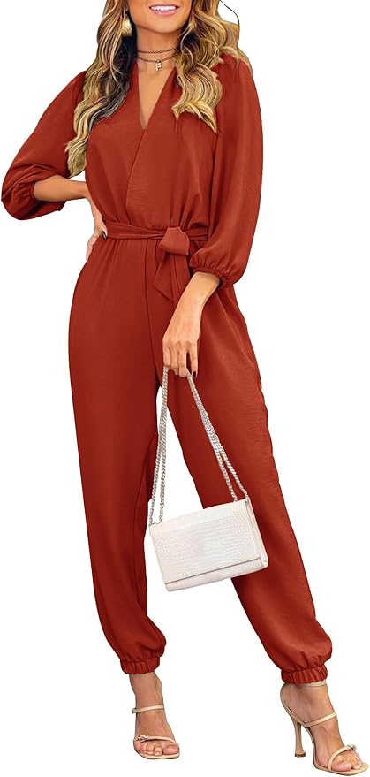 PRETTYGARDEN Women's Fall Jumpsuits Dressy Casual Pants Romper Spring Long Sleeve V Neck Belt Pockets One Piece Outfits