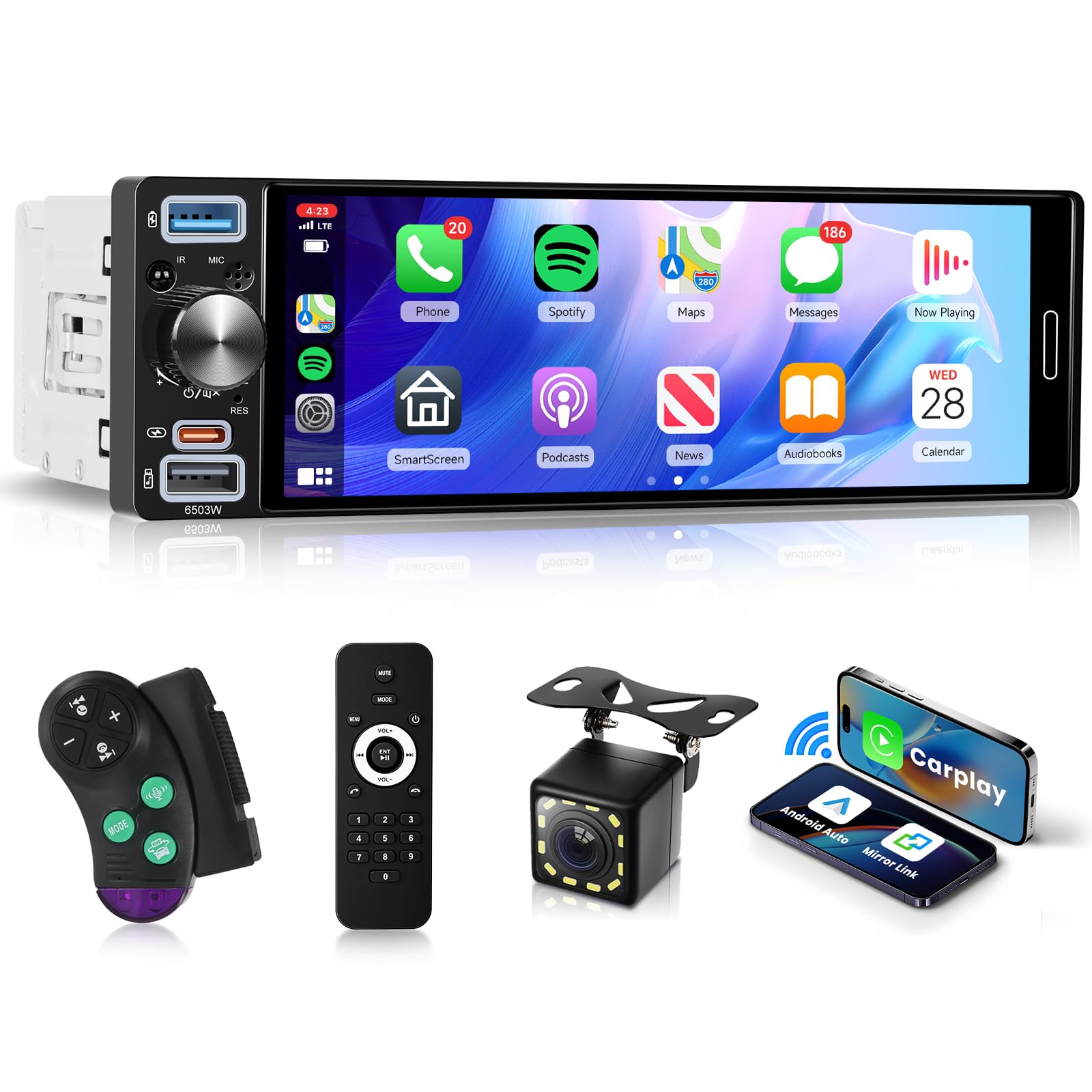 Hodozzy Autoradio 1 Din avec CarPlay Android Auto sans Fil, Ecran Tactile Incell 6,5 Pouces Poste Radio Voiture avec Bluetooth 5.2, Radio AM/FM/RDS, EQ, Lien Miroir, SWC, USB/Type-C+ Caméra de Recul