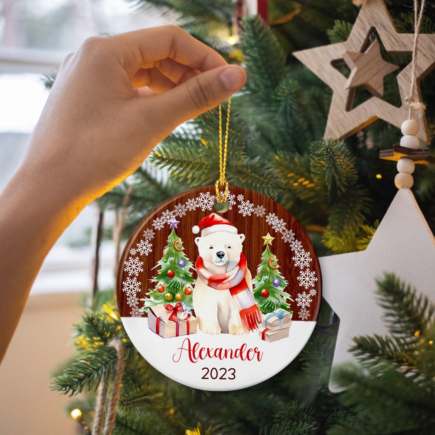 Polar Bear Christmas Ornaments Ceramic, Personalized Polar Bear Christmas Trees Ornament Wooden Style, Custom Name Polar Bear Ornament Gift for Xmas 2025, Polar Bear Animal Ornament Christmas