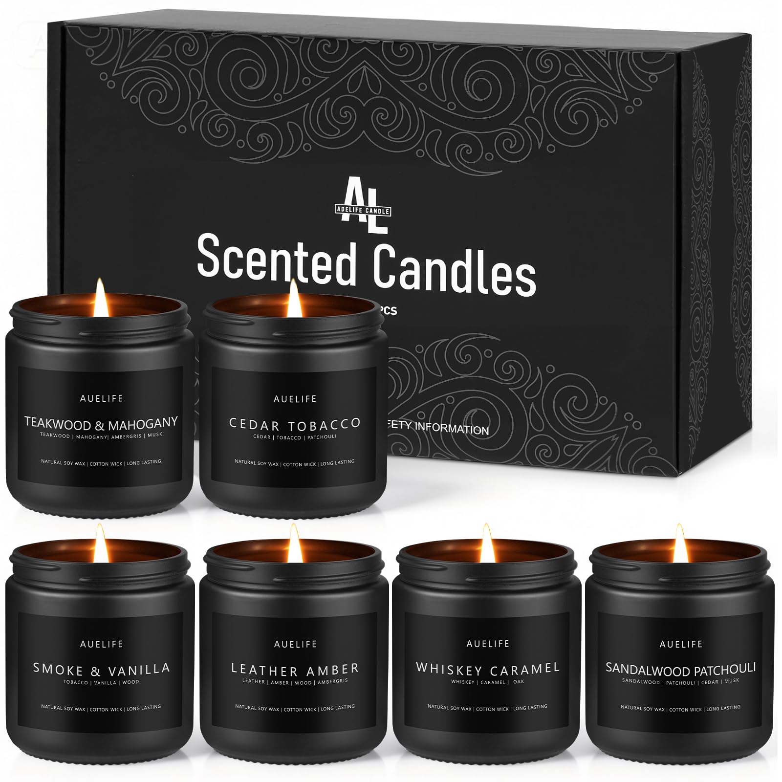 6 Pack Scented Candles for Home, 3.5oz Natural Soy Wax Candles Gift Set,Each 25H Burn, Aromatherapy Candles for Men (Mahogany/Vanilla/Sandalwood/Leather/Cedar/Whiskey)
