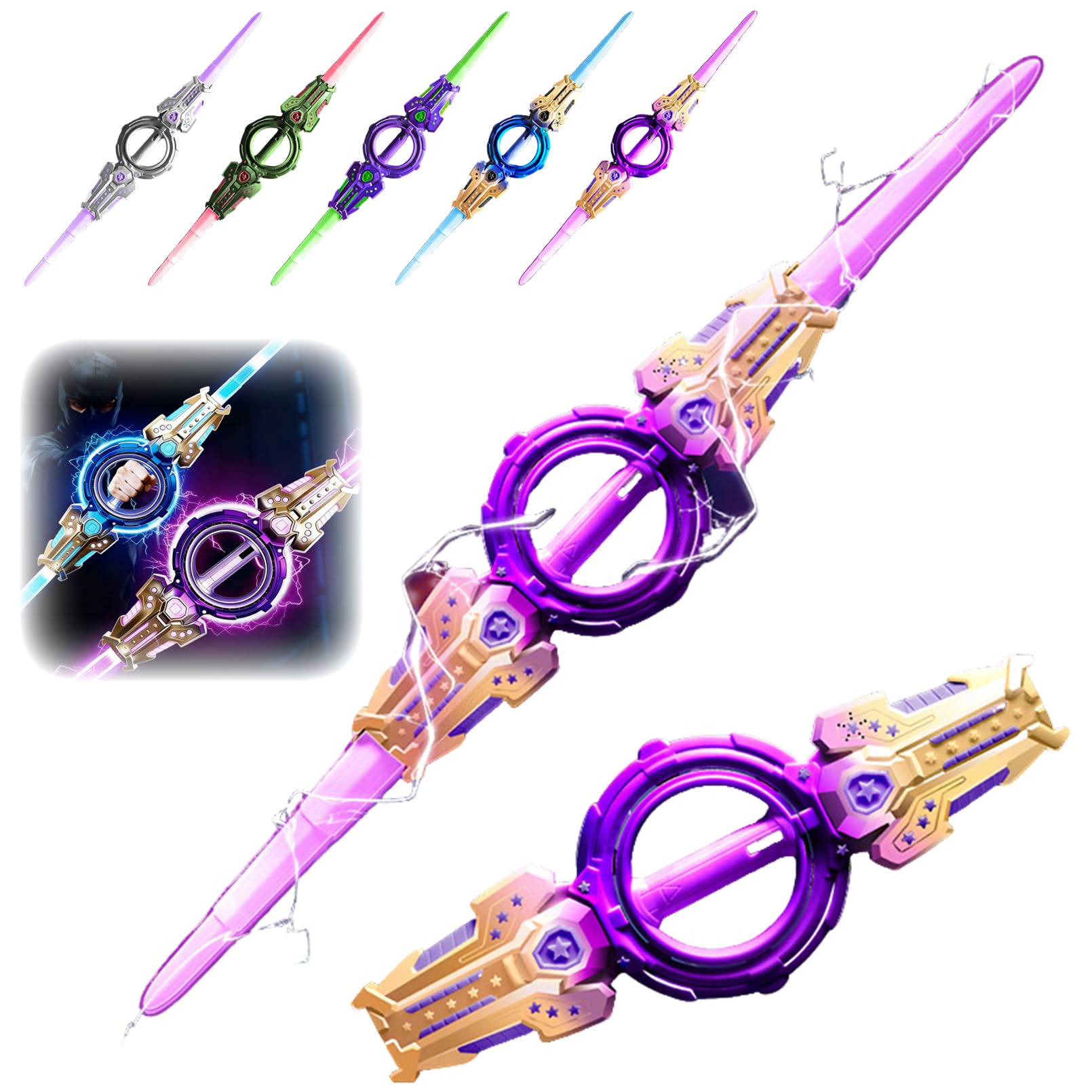 Bpoeee LED Light Up Sword, 7 Colour Changing LED Lights, Expandable Design with Motion-Sensitive Sound Effects, Auto-Eject Sheath, Realistic Handle, Ideal for Cosplay & Party Fun (Purple Gold)