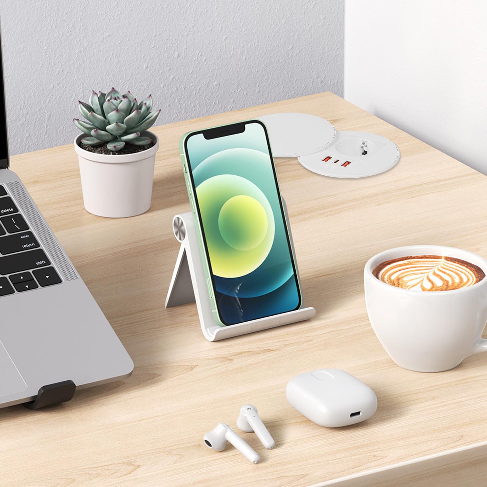 Presa da incasso con coperchio, presa da tavolo con 1 Schuko e 1 connettore USB-A e 1 connettore USB-C e cavo di alimentazione da 1,5 m, prese per foro da tavolo da 80 mm