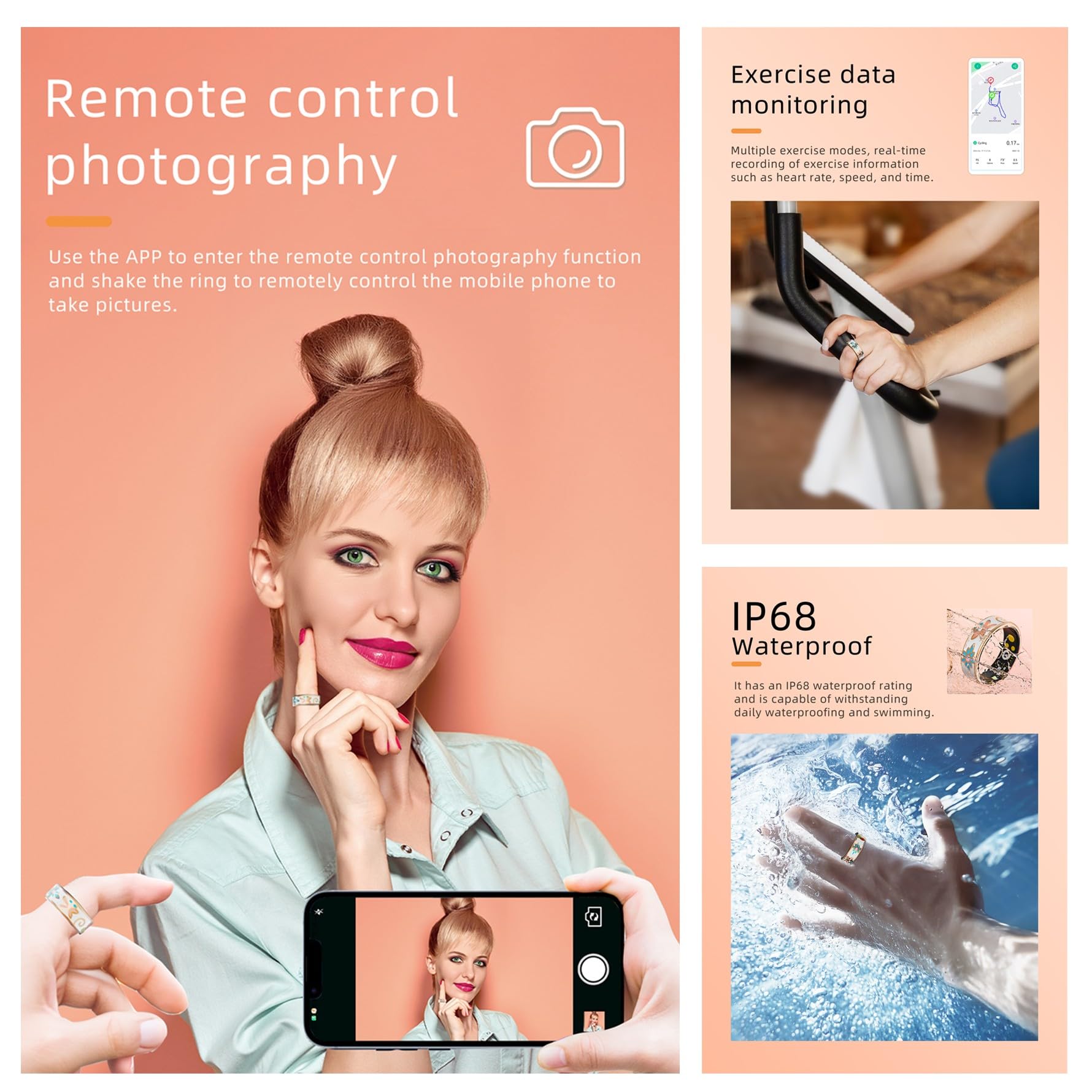 Anillo inteligente para mujeres y hombres, rastreador de fitness con frecuencia cardíaca, oxígeno en sangre, presión arterial, monitoreo del sueño, contador de pasos, impermeable IP68 para