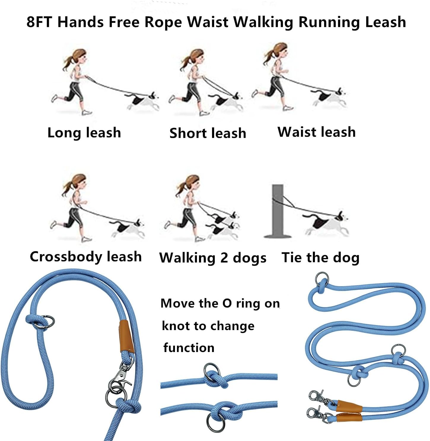 8FT Hands Free Dog Rope Leash, Waist Body Running Leash for Dog Walking (Air Blue, 8FTx10MM)