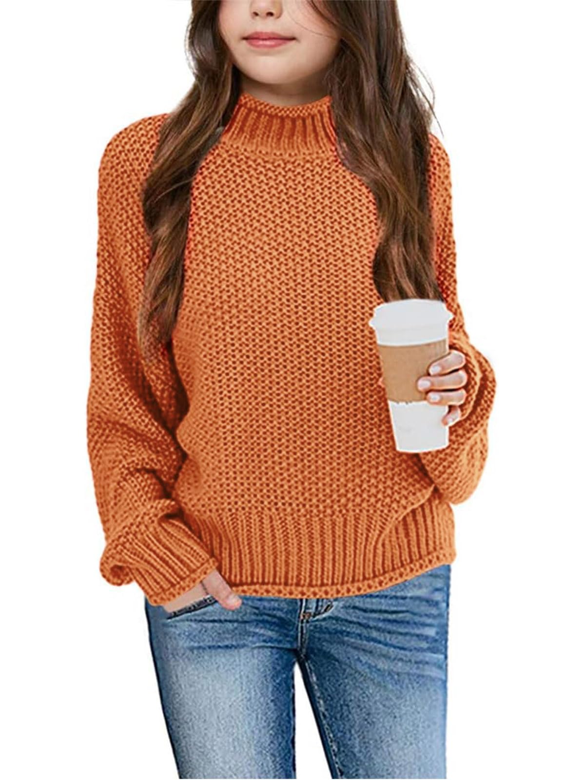 Wenrine Jersey de invierno para niña, cuello alto, manga larga, de punto, informal, 5-14 años