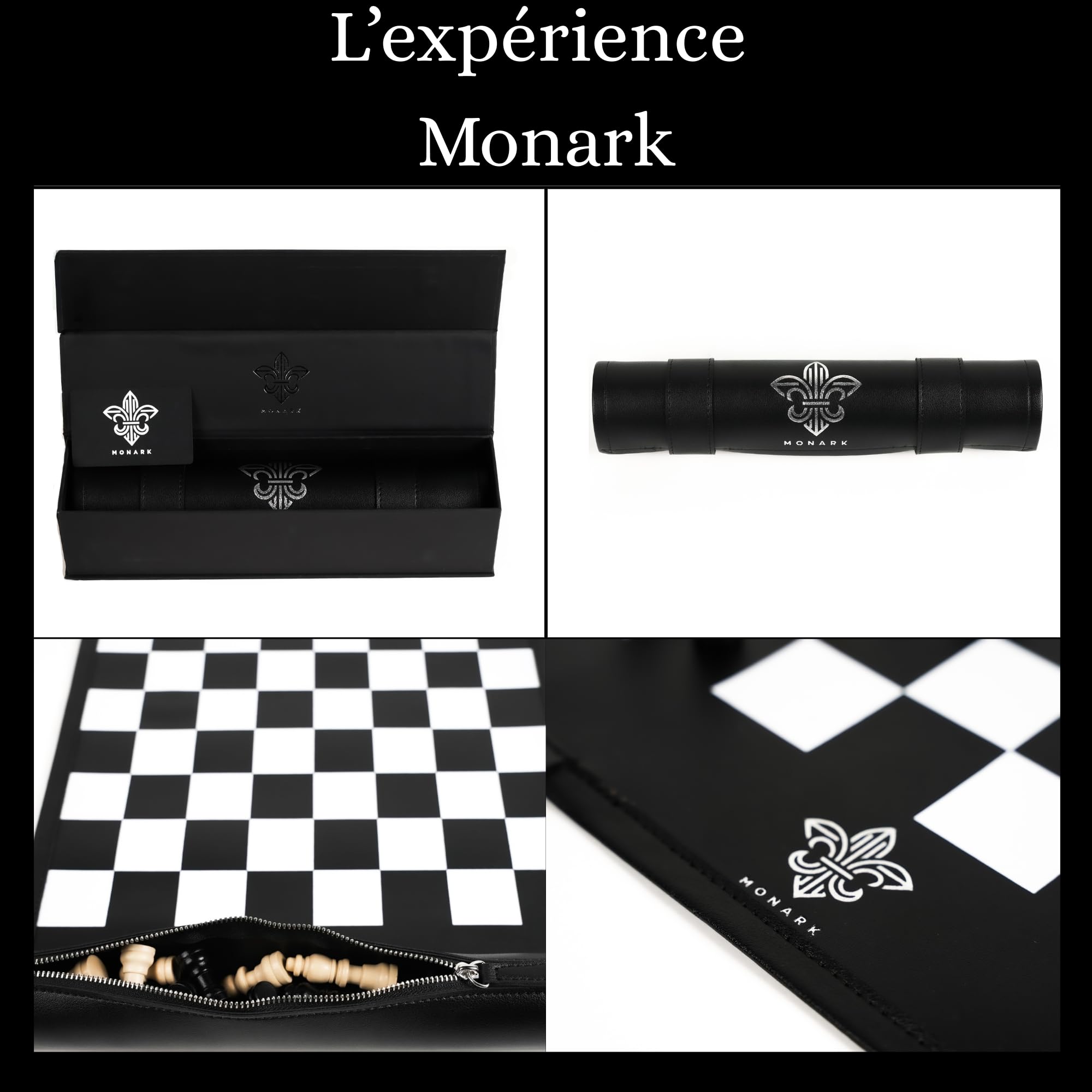 MONARK – Jeu d’échecs de Voyage Pliable en Cuir, échiquier Souple 35 cm, pièces en Bois, Set Portable Premium avec Trousse intégrée, Fabrication Artisanale, 2 Reines incluses