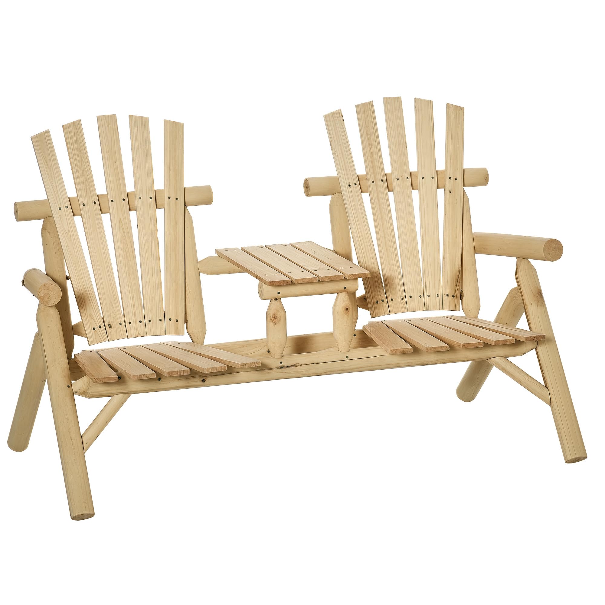 Outsunny 2-Seat Wooden Adirondack Chair, Patio Bench with Table, Outdoor Loveseat Fire Pit Chair for Porch, Backyard, Deck, Natural