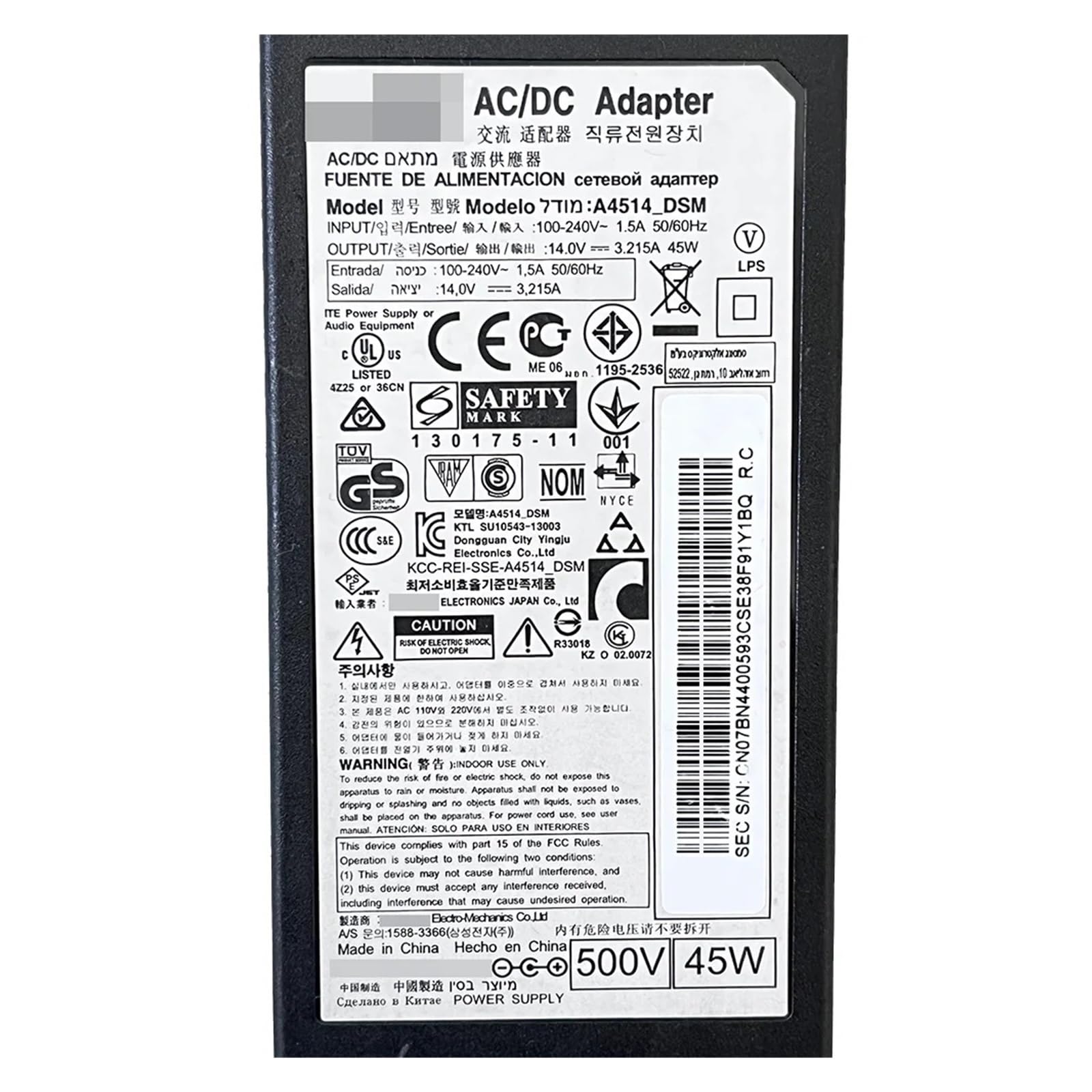 Adattatore TV Digitale (DTA) Adattatore CA/CC Caricabatterie Adatto A SYNCM760VTFT NCM770TFT 570STFT 800TFT Gruppo Cavo BN44-00593C A4514_DSM 14V 3.215A 45W Monitor