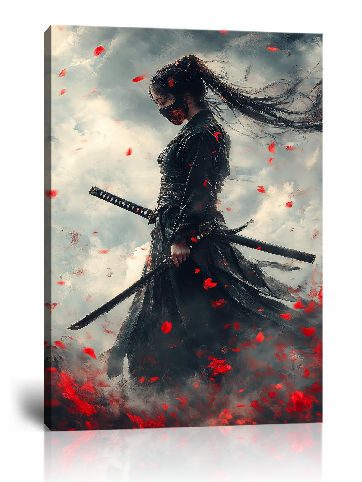 Blue Tone Female Samurai Ninja Canvas Wall Art, Japanese Cherry Blossom Asian Warrior Fra…