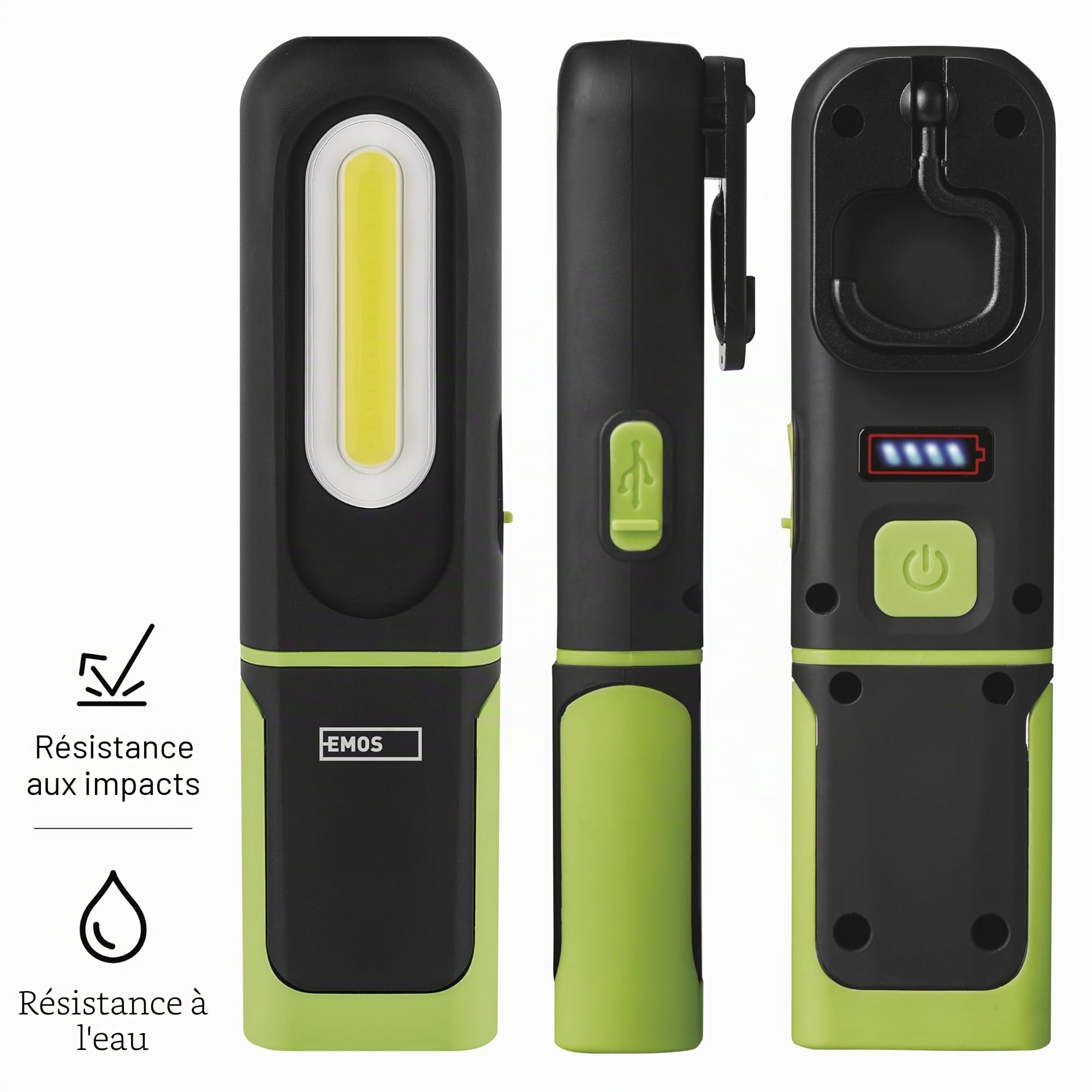 EMOS - Lampe de travail LED rechargeable - Base magnétique, crochet, réglable - Résistant aux chocs, étanche - 300 lm, max. 45 m - 3 modes d'éclairage - 7 heures - Câble USB - IP43 pour l'extérieur