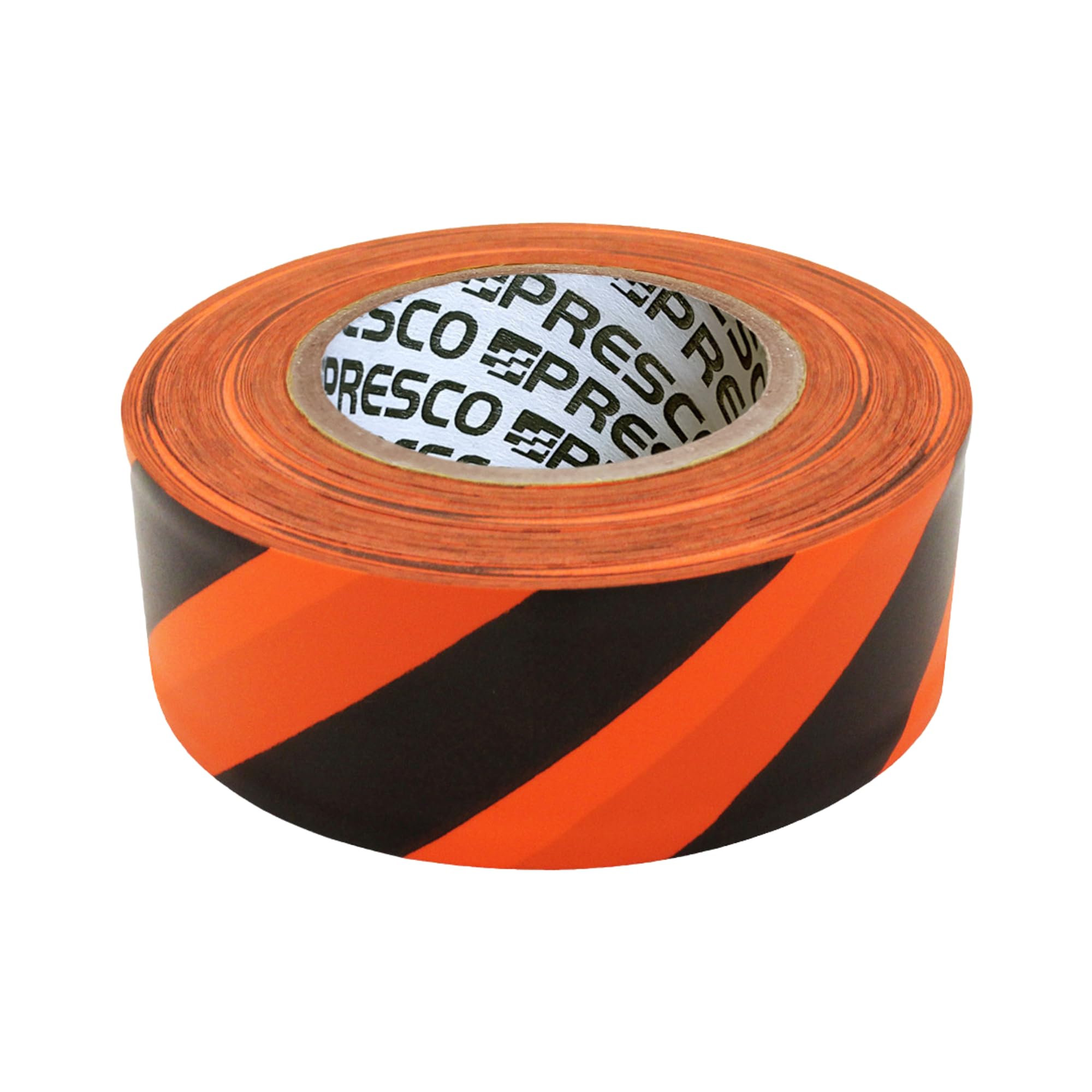 NO Adhesive, Presco Stripe Patterned Roll Flagging Tape, 1-3/16 in. x 300 ft. (Orange and Black Stripes)