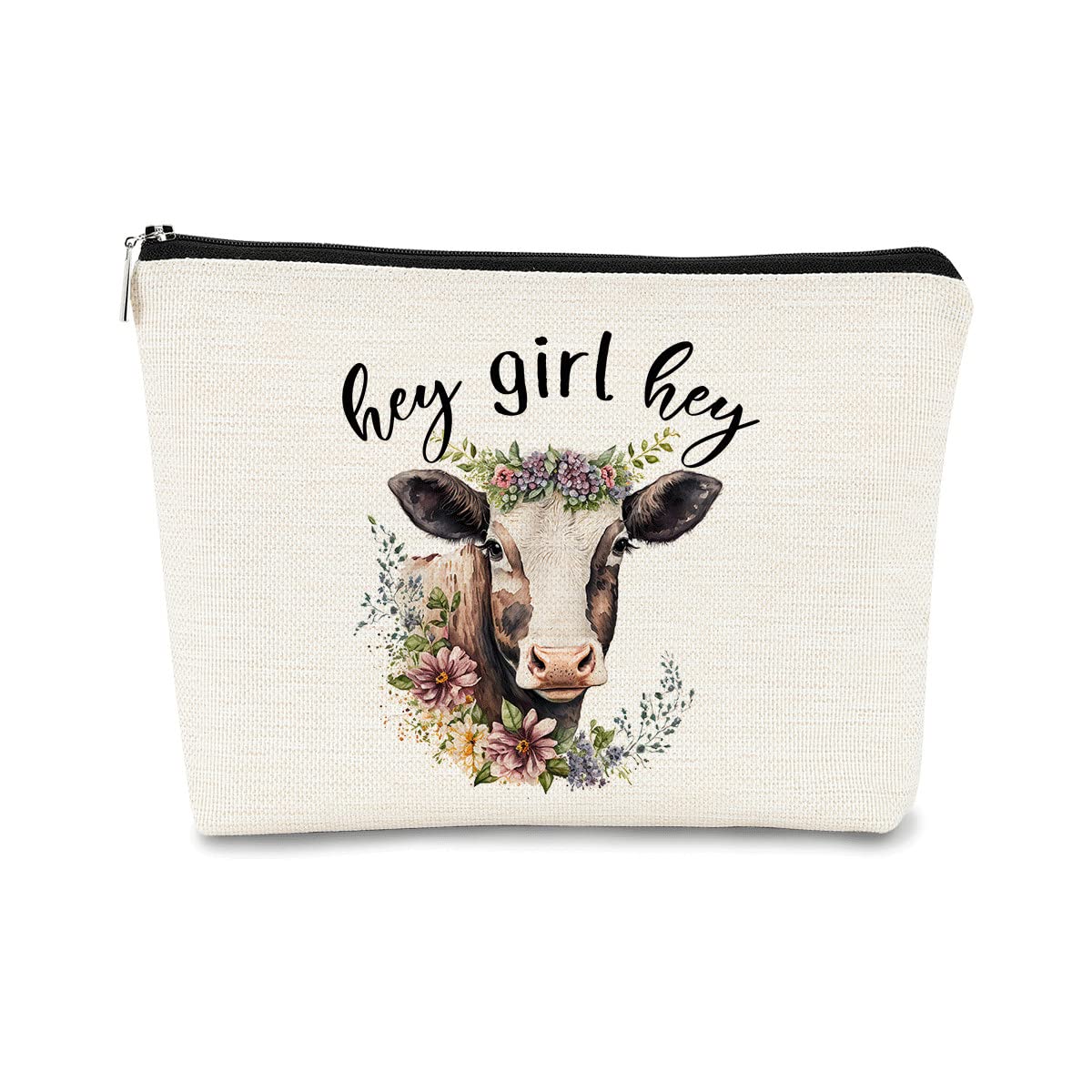 Hey Girl Hey Cow Flowers Farmhouse Cowgirl Cowboy Funny Makeup Bag Cosmetic Bag for Cow Lovers, Gift for Farm girls,Gift for Ranch girls,Best Birthday Christmas Gift Idea for Cowgirls Teen Girls Women
