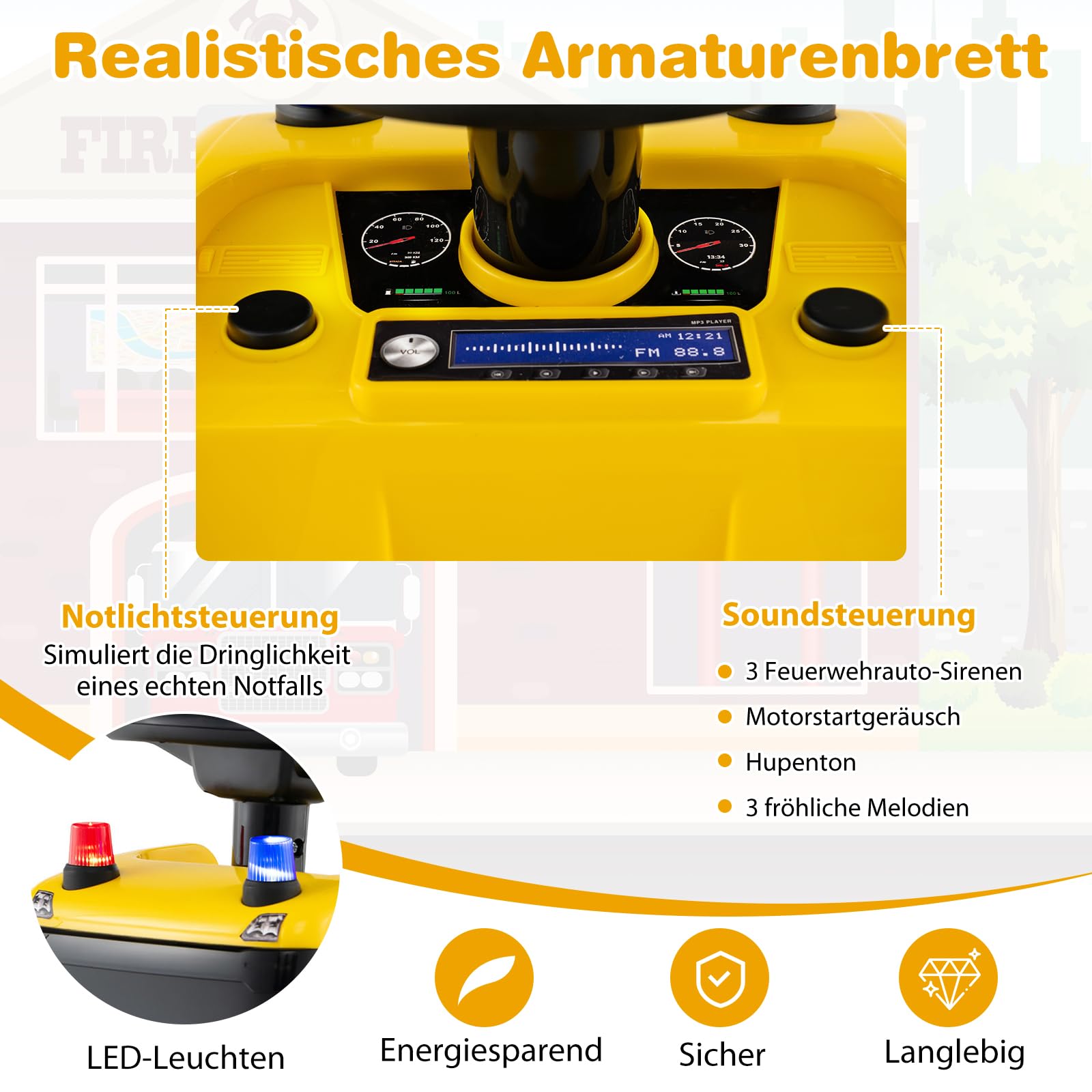 COSTWAY 2 in 1 Rutschauto, Polizeiauto mit Lenkrad, LED-Licht, Hupe & Musik, Rutscher Auto mit Stauraum, Schiebeauto, tragbares Rutschfahrzeug für Kinder ab 1 Jahr (Gelb)