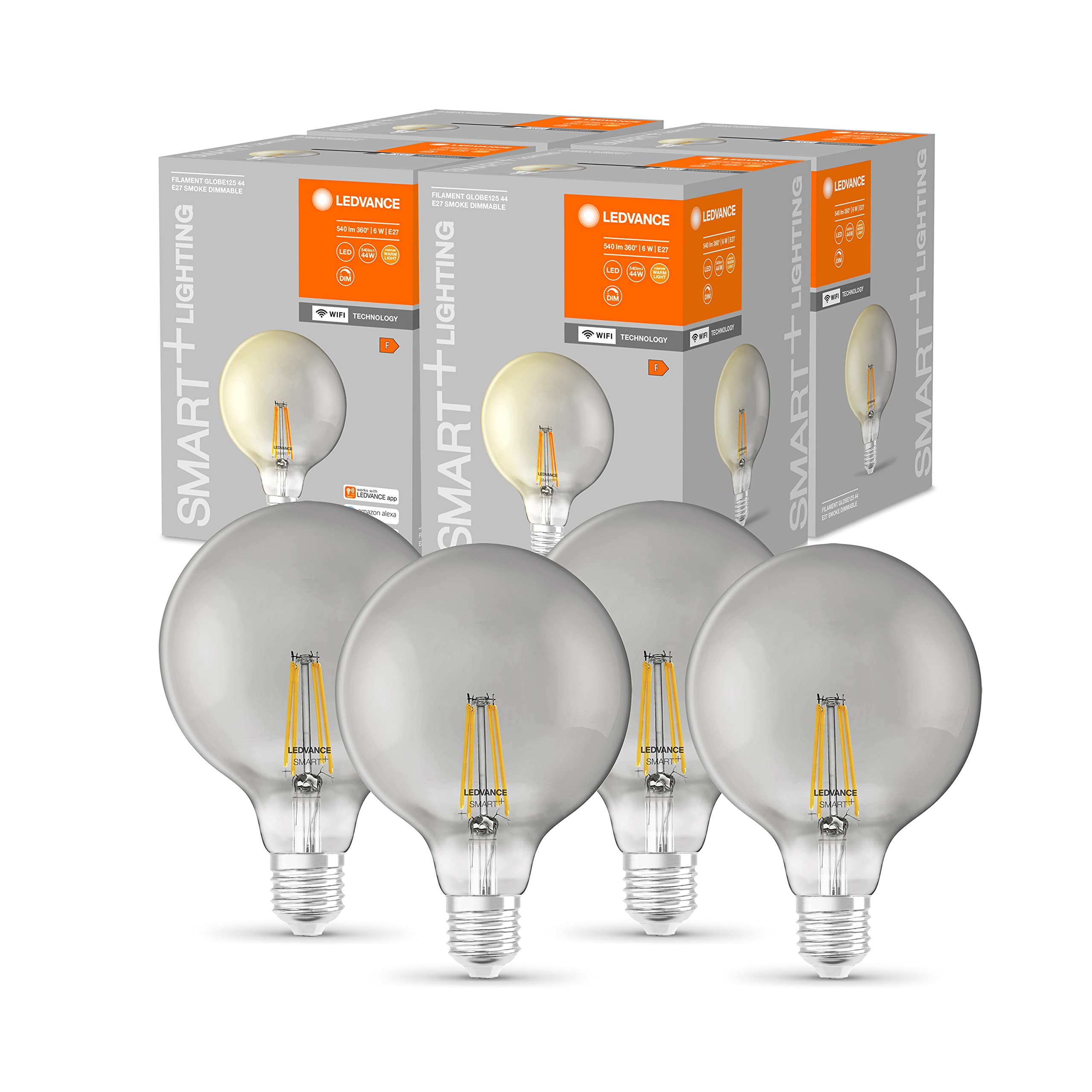 LEDVANCE Smart LED con Wifi, E27, dimmerabile, bianco caldo (2500K), forma a globo, filamento chiaro in vetro fumé, sostituzione da 48W, controllabile con Alexa, Google e App, confezione da 4
