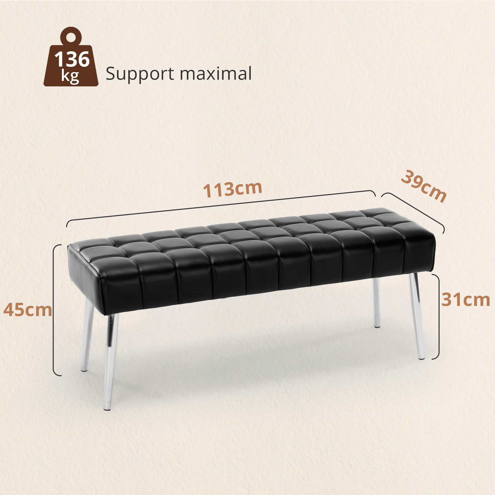 LUE BONA 113 cm Bout de Lit Banquette,Banc Chaussures Entrée avec Similicuir Capitonne,Banc Entree pour Entrée Salon Chambre à Coucher,113x39x45 cm,Noir