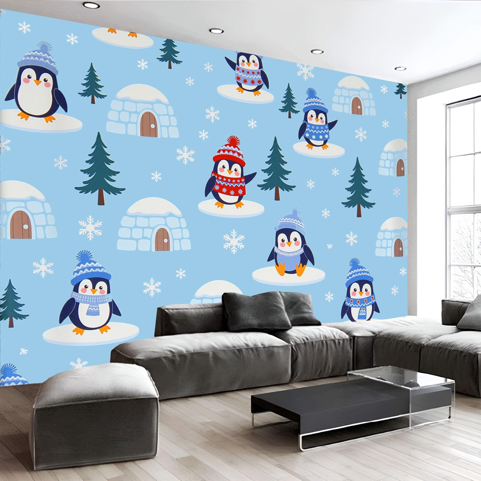 Papier peint 3D pingouins mignons pour créer un cocon polaire dans le salon TV