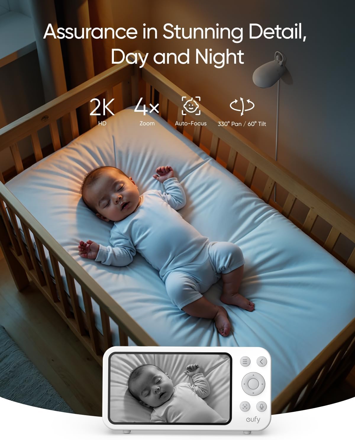 Monitor de Bebé eufy E20, Cámara 2K HD con Control Fuera de Línea, Visión Nocturna Ultra Clara, Zoom 4X, Batería Integrada, ANR, Alarmas Inteligentes, Interruptor de Privacidad