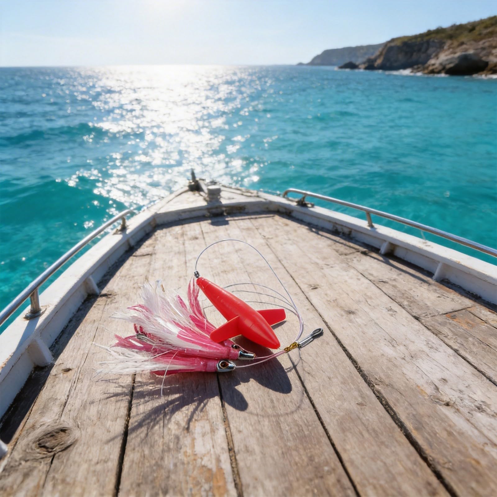 Señuelo de atún con falda de arrastre de plumas con gancho de acero para uso en barco de pesca de caza grande, cebo falso con cuerpo de gancho aplanado para mayor resistencia
