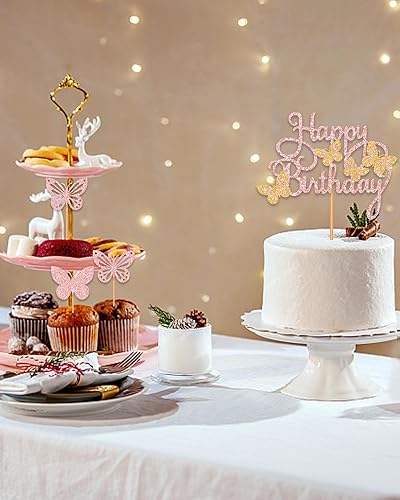 Miniatura 7 de Decoración para tartas, decoración dorada de feliz cumpleaños para fiesta, 7 piezas de decoración de pastel de mariposa para cumpleaños,