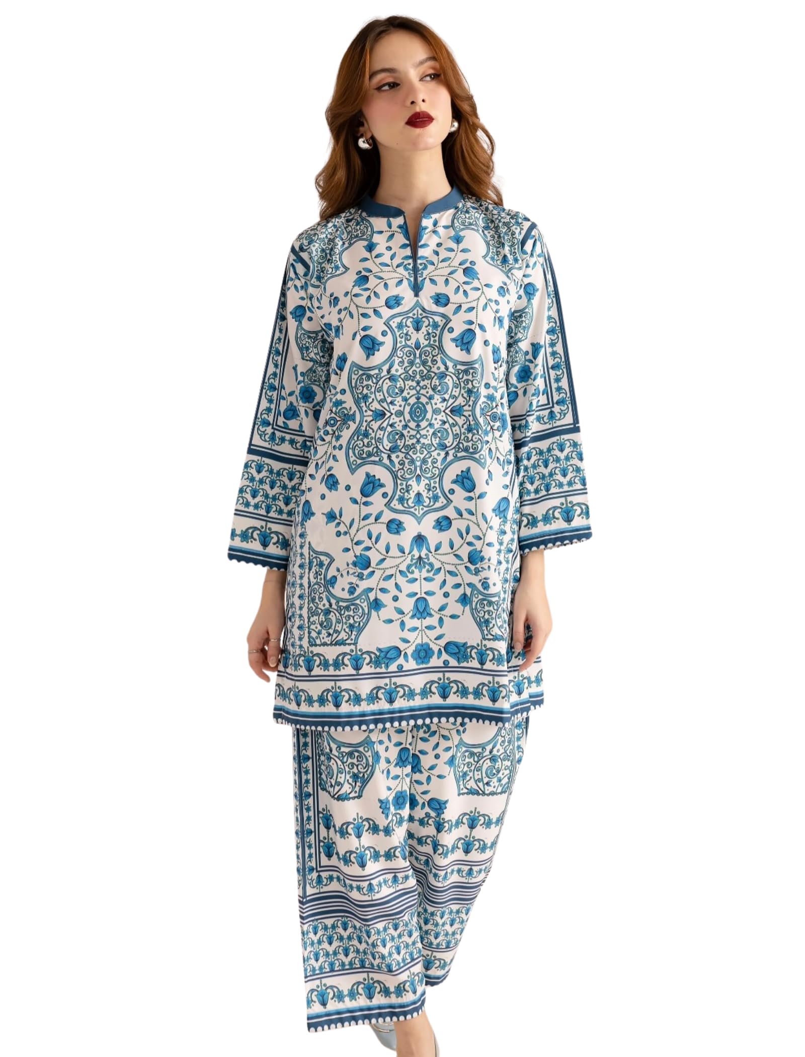 modestouze attires Co Ord Set for Women Stylish Co Order Set for Women - Poly Rayon Long Sleeves Turkish Co Ord Mandarin Neck Floral Print Western Cot, Wear as Office Coat, Travel Coord-picture-15