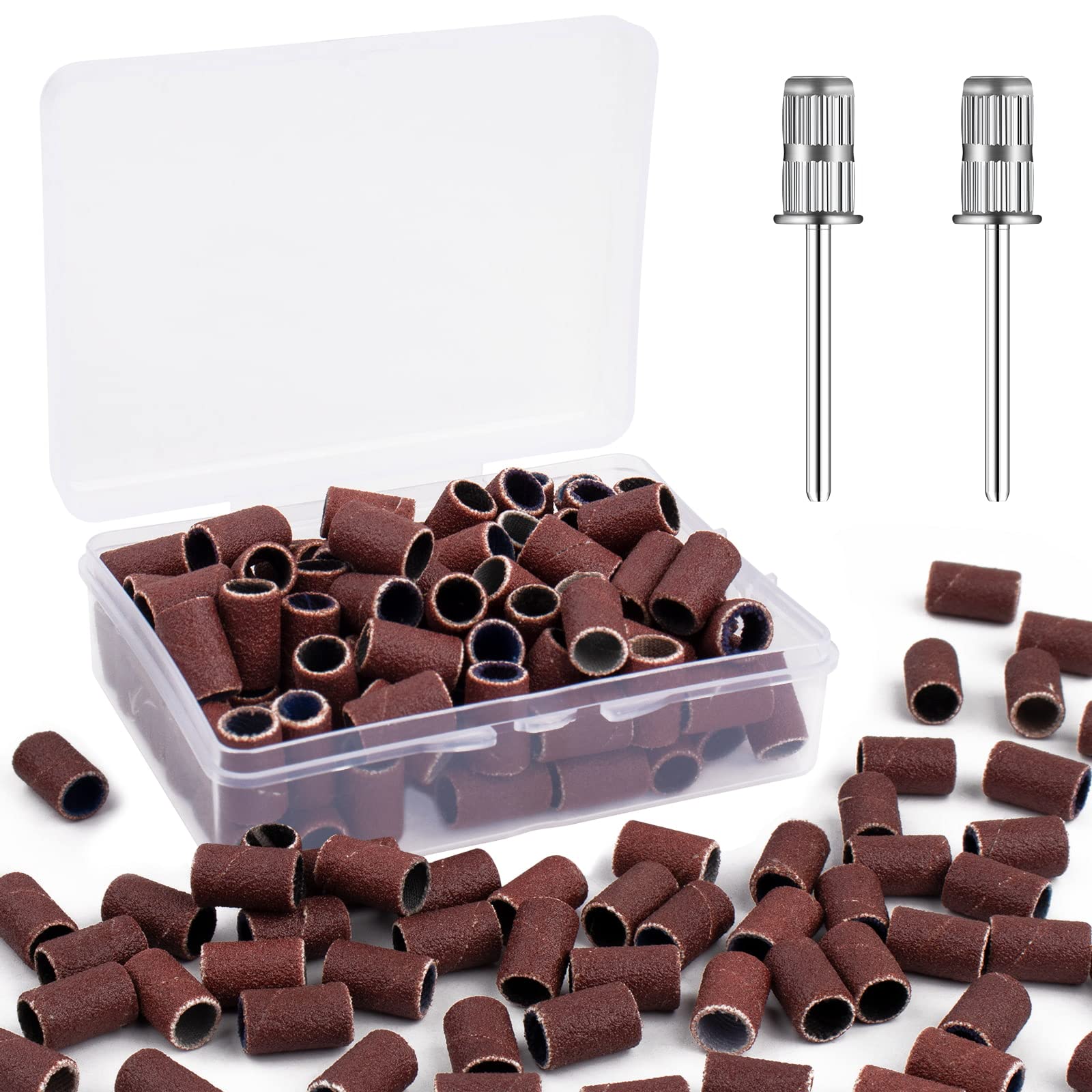 RolybagSanding Bands for Nail Drill,180 Grit Nail Sanding Bands with Storage Box,Include 100 Brown Fine Grinding Wheel Sand Bands and 2 Pieces Mandrel for Most Size 3/32" Nail Drill Machine