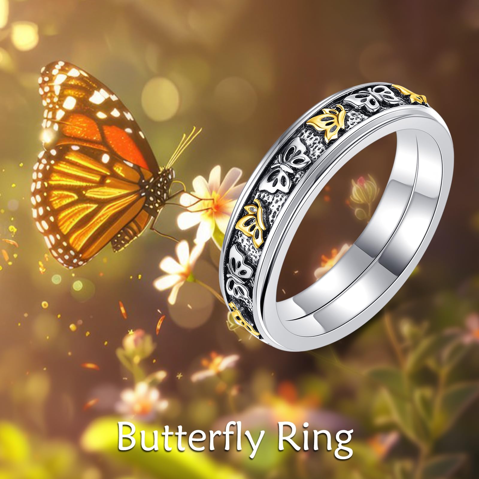 POPLYKE Sonnenblume/Schmetterling/Gold Sonnenblumen Ringe 925 Sterling Silber Angst Relief Spinner Statement Ringe Schmuck für Ihre Frauen