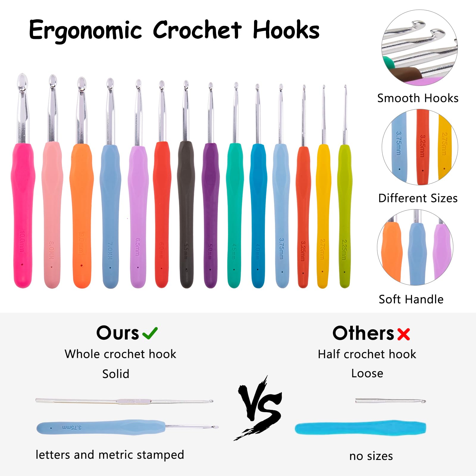 MYBAGZING Juego de 14 ganchos de ganchillo de 2 mm (B)-10 mm (N) ergonómicos con funda de ganchillo de pie, organizador de ganchillo para los amantes del ganchillo