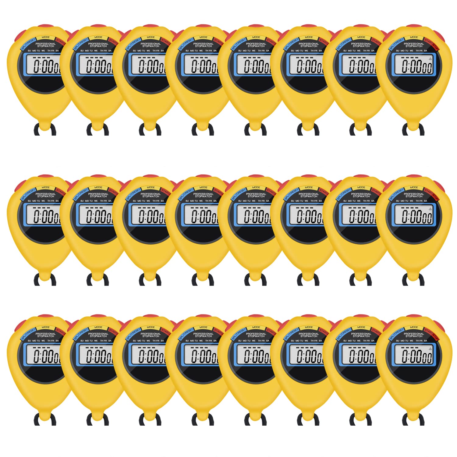 Confezione da 24 cronometro elettronico digitale digitale multifunzione, display grande con data e funzione di allarme, adatto per allenatori sportivi, allenatori e arbitri (giallo)