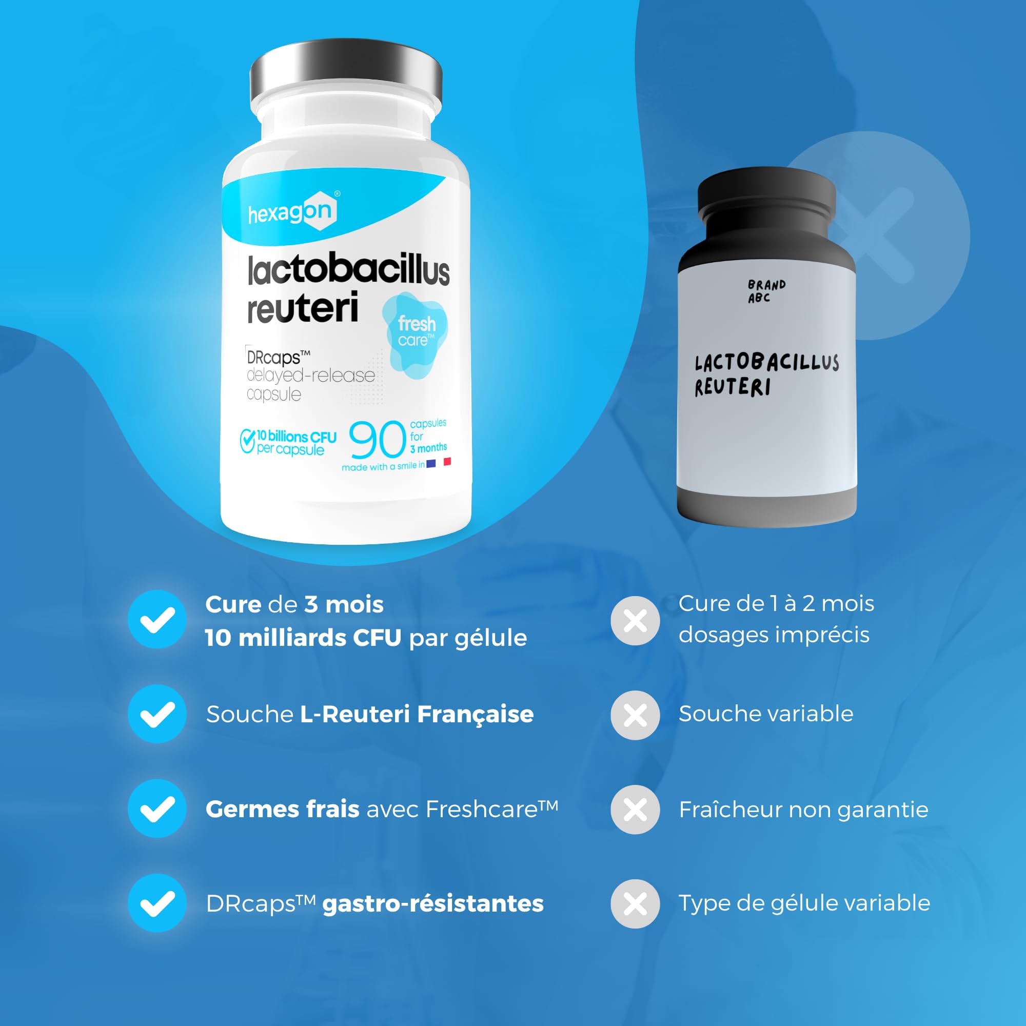 Lactobacillus Reuteri 10 Milliards UFC/Gélule - Cure Complète +3 Mois - L-Reuteri - Probiotique - Ferment Lactique - Freshcare™ Fraîcheur Optimale - 90 Gélules DRcaps™ - Vegan - Hexagon