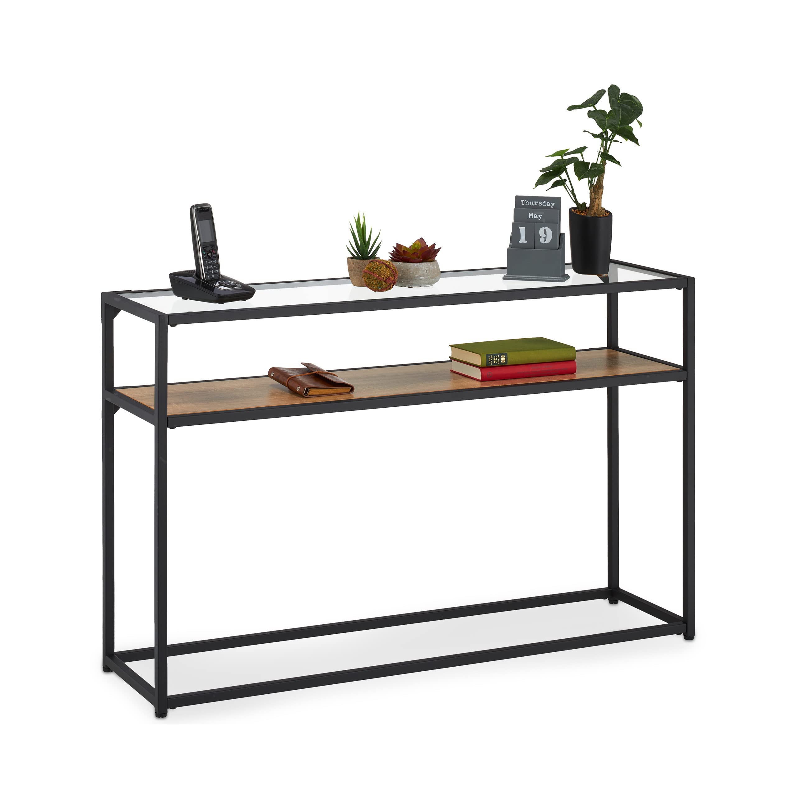 Relaxdays Console 2 Plateaux, Couloir et Salon, 70x110x30 cm, métal, Verre, Aspect Bois, Support à étagères, Noir-Marron