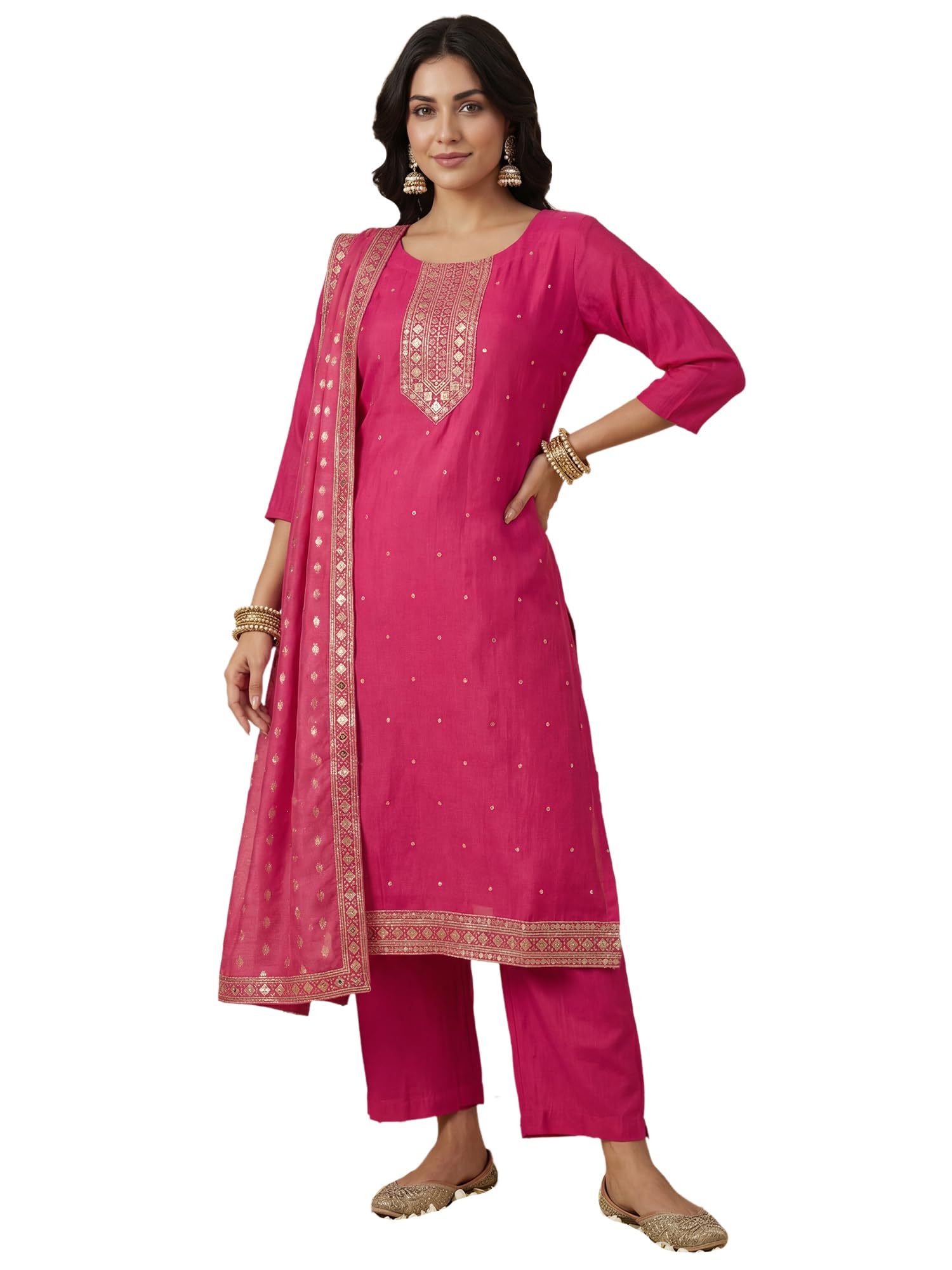 Women's Silk Blend Embroidered Sequinned Kurta & Pant with Dupatta Set-image-14