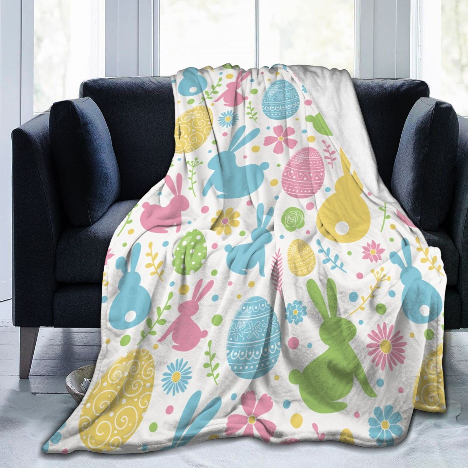 Lsjuee Eggs Bunnies and Flowers Throw Blanket Warm Cozy Lightweight Blankets Easter Rabbit Flannel Blanket for Sofa Couch Bed Office Holiday Decorative 80"X60"