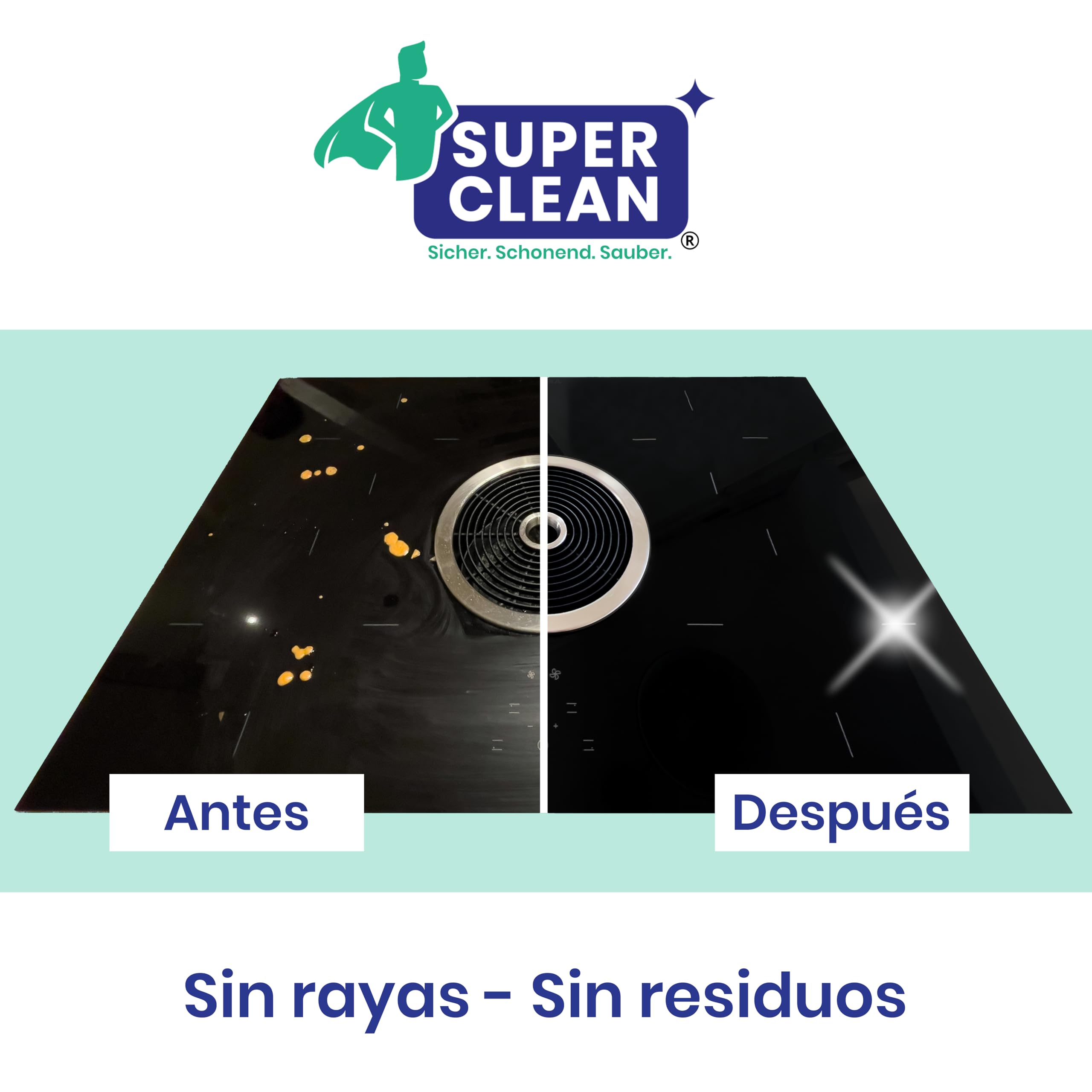 SUPER CLEAN Limpiador para placas vitrocerámicas e inducción | 12 × 250 ml | Limpieza y cuidado brillante – elimina grasa y restos quemados | Sin etiquetar, ecológico