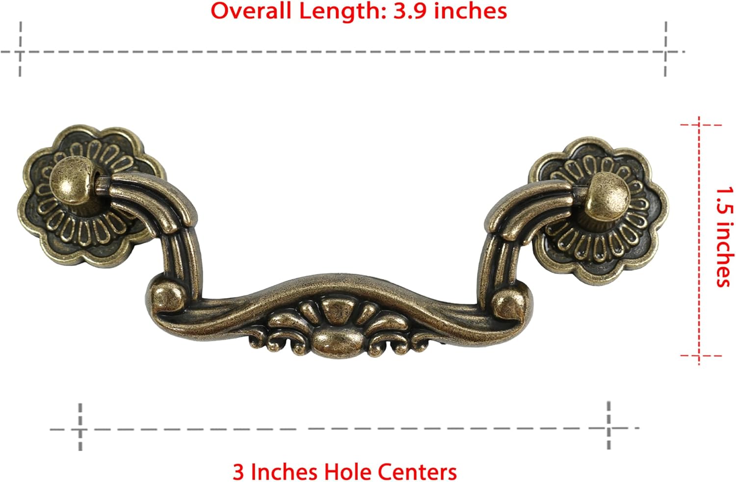 6-Pack Antique Brass Drop Bail Pulls for Cabinets, 3" Hole Centers, Vintage Floral Decorative Handles for Dresser Drawers, Wardrobe Cupboards