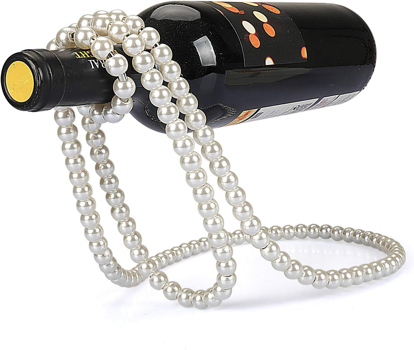 (White) Artificial Pearl Necklace Floating Wine Rack, Metal Wine Bottle Holder, Wine Bottle Stand for Bar and Home Decoration