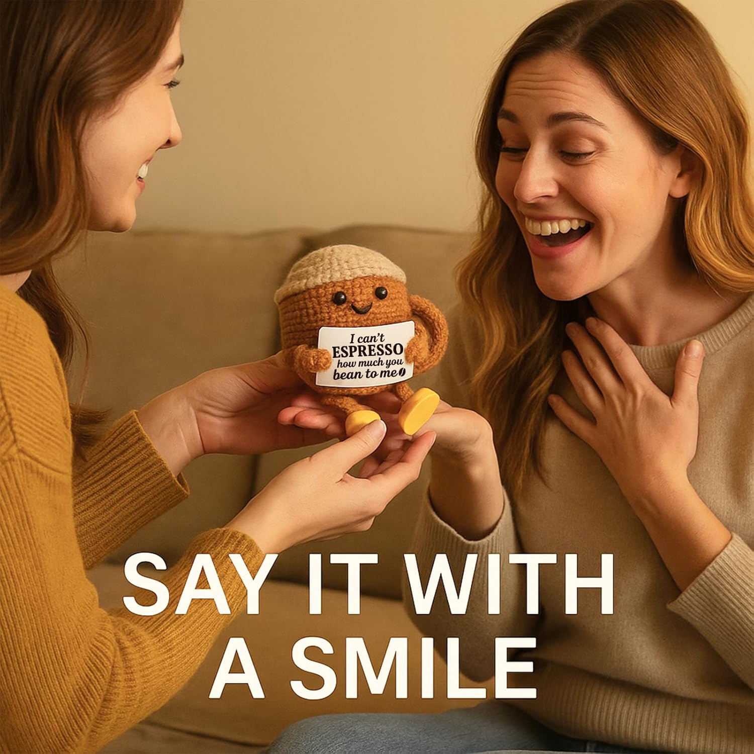 Birthday Gifts for Her Him Women Men Girlfriend Boyfriend, Positive Crochet Coffee Cup Desk Decor, Cute Small Coffee Lover Gift for Best Friend Couple Wife Husband - Image 5